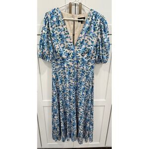 Blue Floral V-Neck Midi Dress